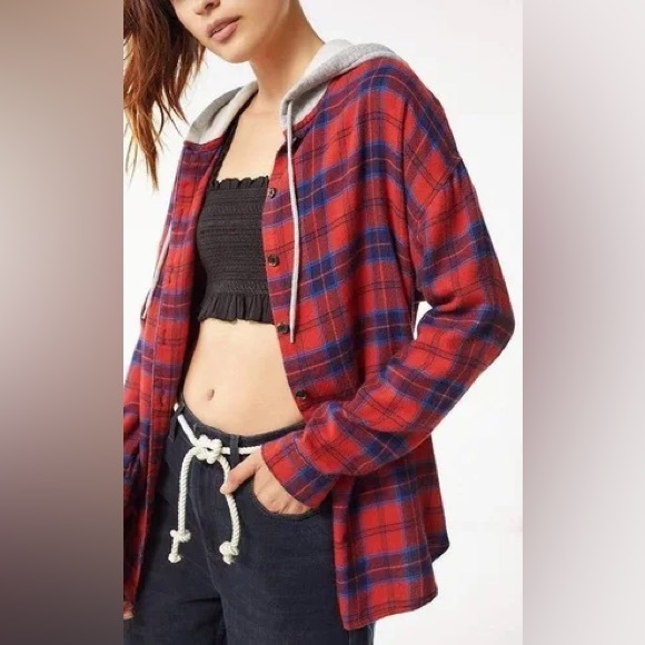 Urban Outfitters BDG Darcy Plaid Flannel Hooded Button-Down Shirt - Picture 3 of 7